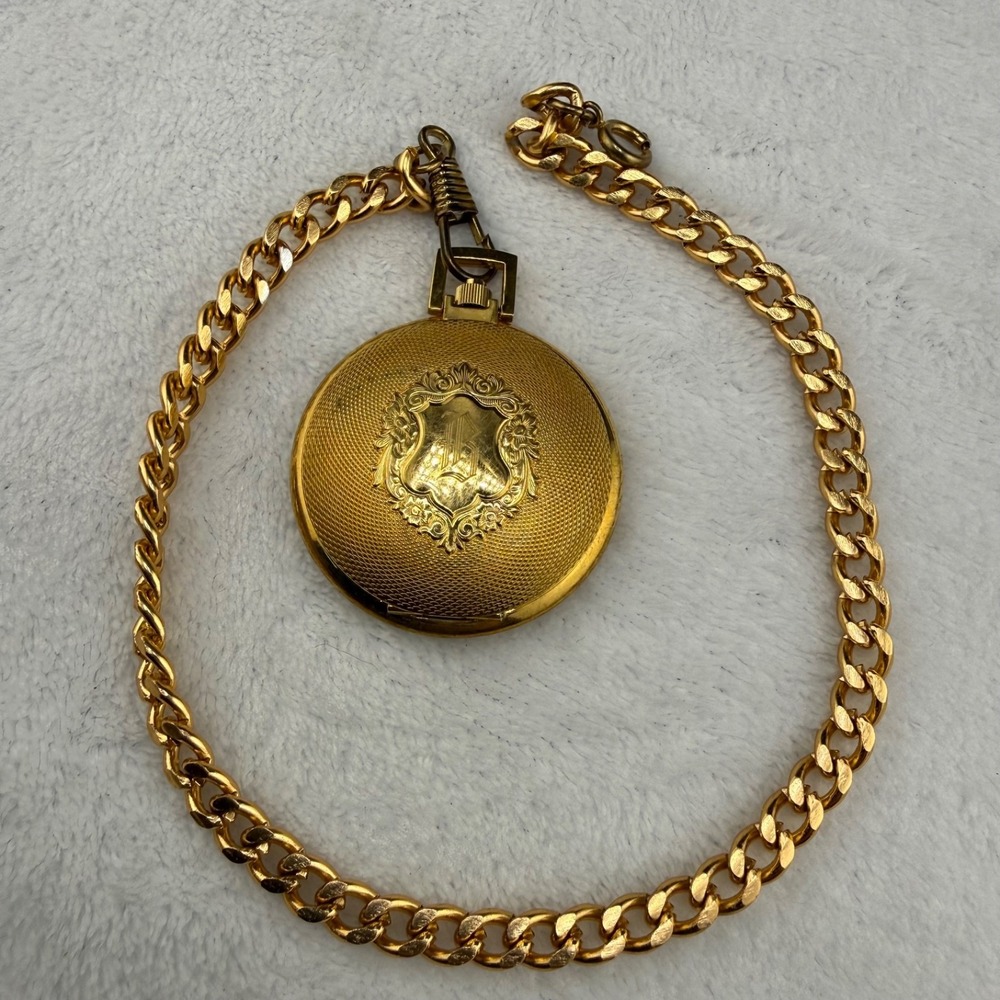 Vintage Engraved Pocket Watch Gold Tone 13" Chain